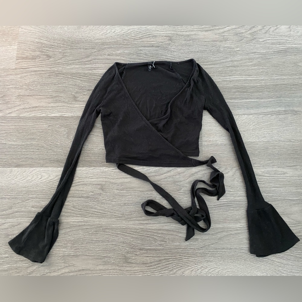 Wrap crop top with bell sleeves